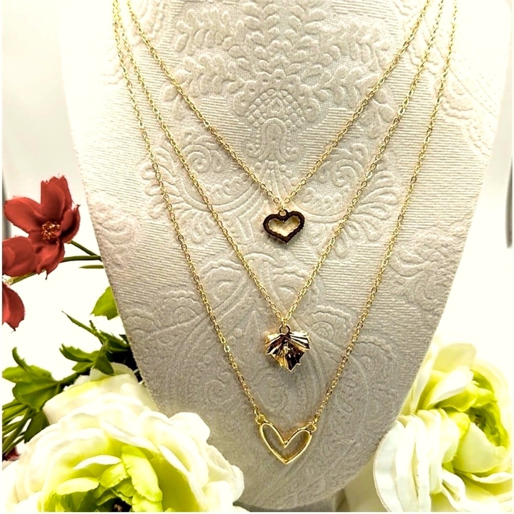 Stacked Heart Necklaces 3 Tiers Gold & Gemstones NEW!